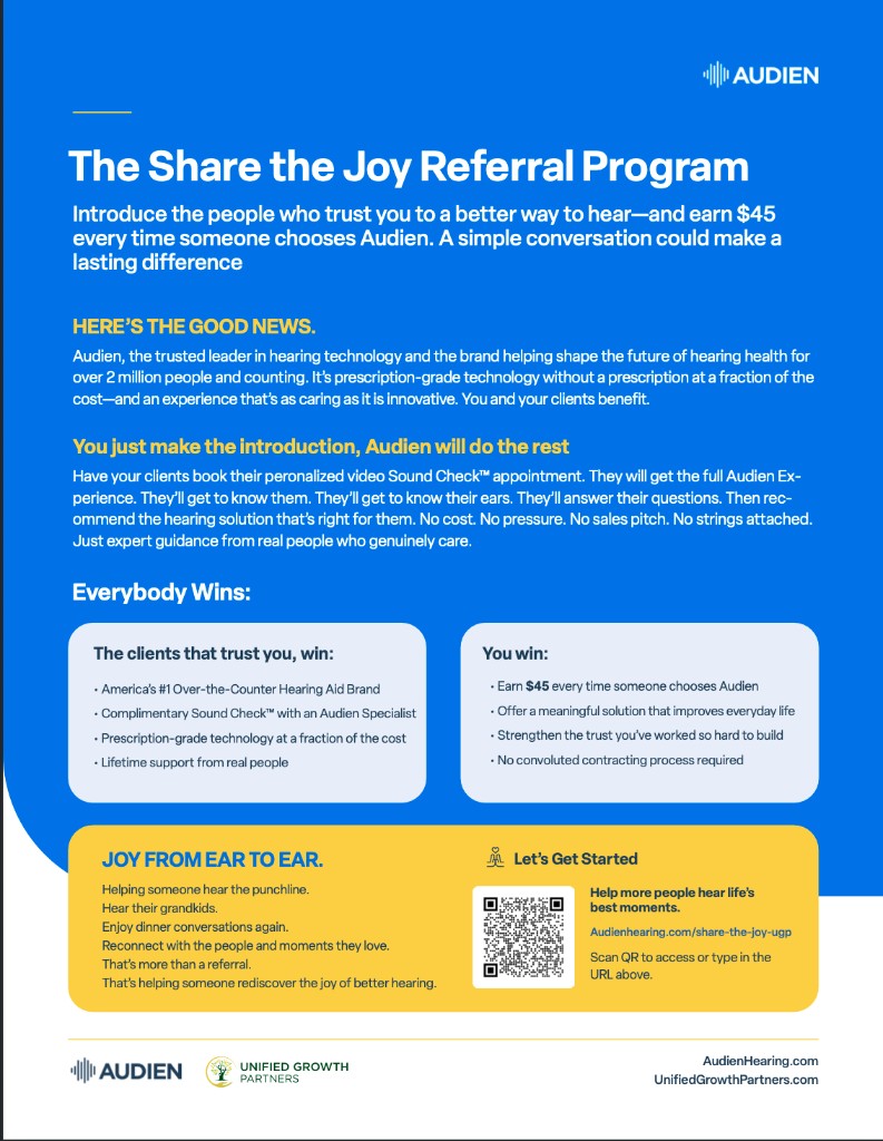 One-page summary of the Audien Share the Joy referral program: agents introduce clients to Audien, clients receive a complimentary Sound Check appointment with a specialist, and the agent is compensated per enrollment with no contracting process required.